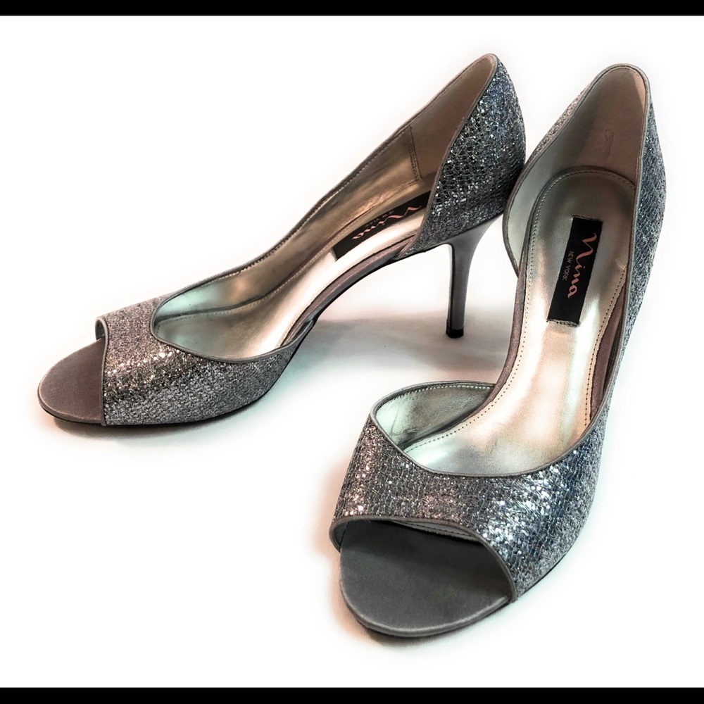 Nina heels silver open toe glitter satin Prom 9.5